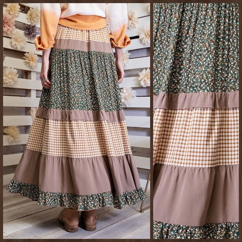 EASEL "Mix & Match" Gingham & Floral Print Ruffle Trim Tiered Maxi Skirt & Dress - Picture 3 of 16